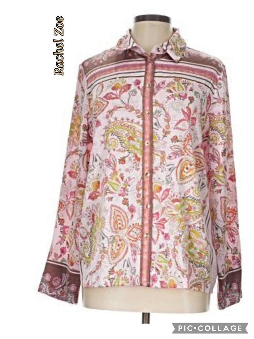 Rachel Zoe button front & cuff blouse pink floral paisley print collar